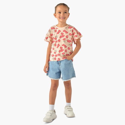Juniors Crew Neck Short Ruffle Sleeves T-shirt with Print