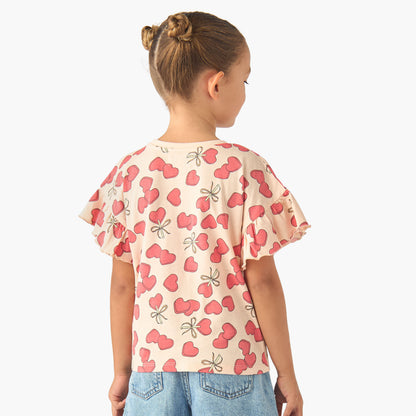 Juniors Crew Neck Short Ruffle Sleeves T-shirt with Print