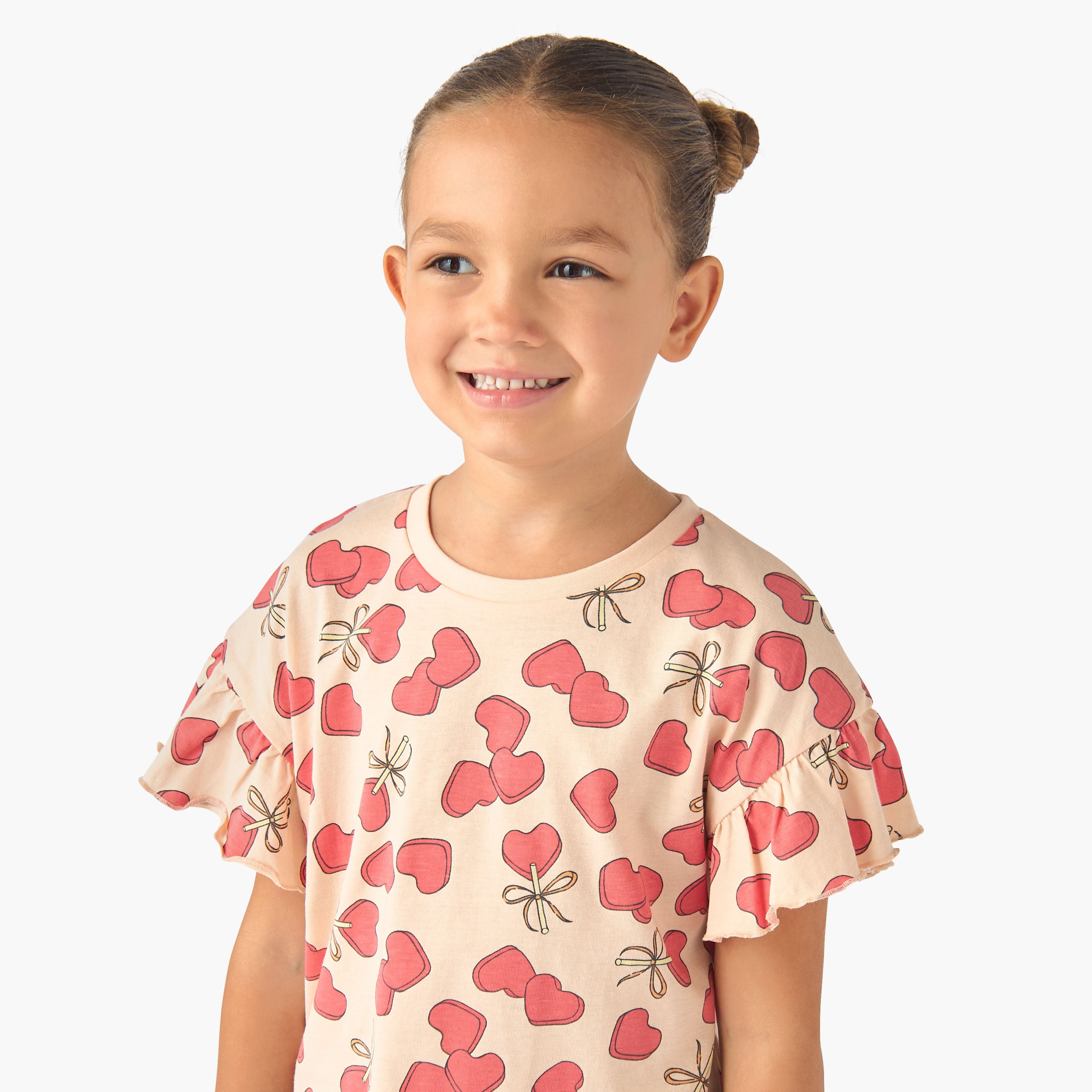 Juniors Crew Neck Short Ruffle Sleeves T-shirt with Print