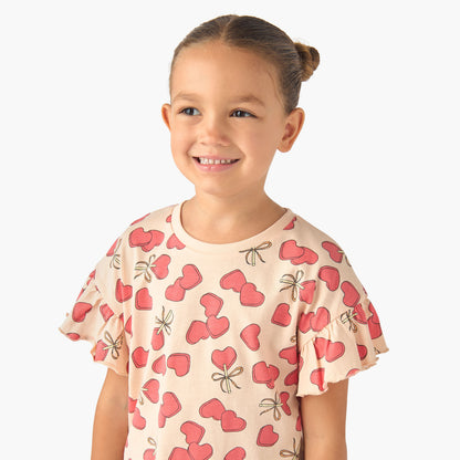 Juniors Crew Neck Short Ruffle Sleeves T-shirt with Print