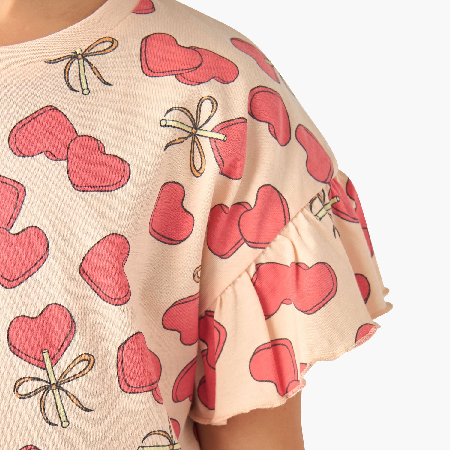 Juniors Crew Neck Short Ruffle Sleeves T-shirt with Print