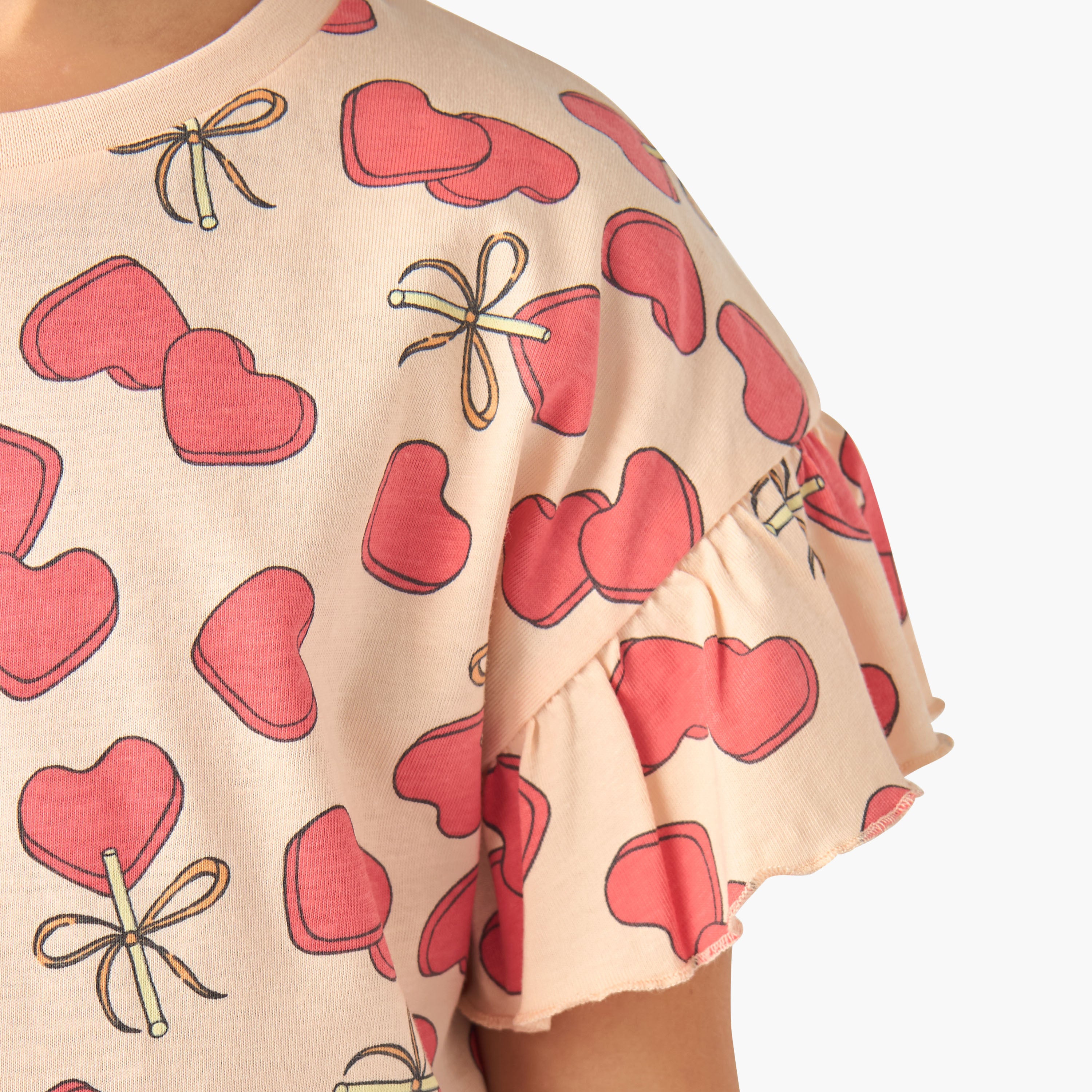 Juniors Crew Neck Short Ruffle Sleeves T-shirt with Print