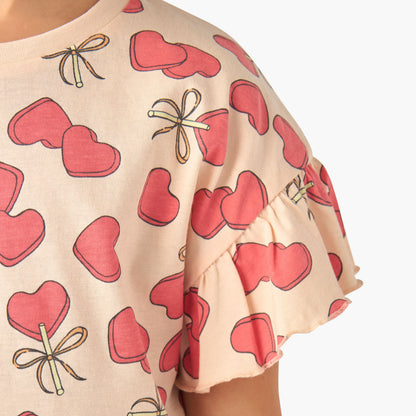 Juniors Crew Neck Short Ruffle Sleeves T-shirt with Print