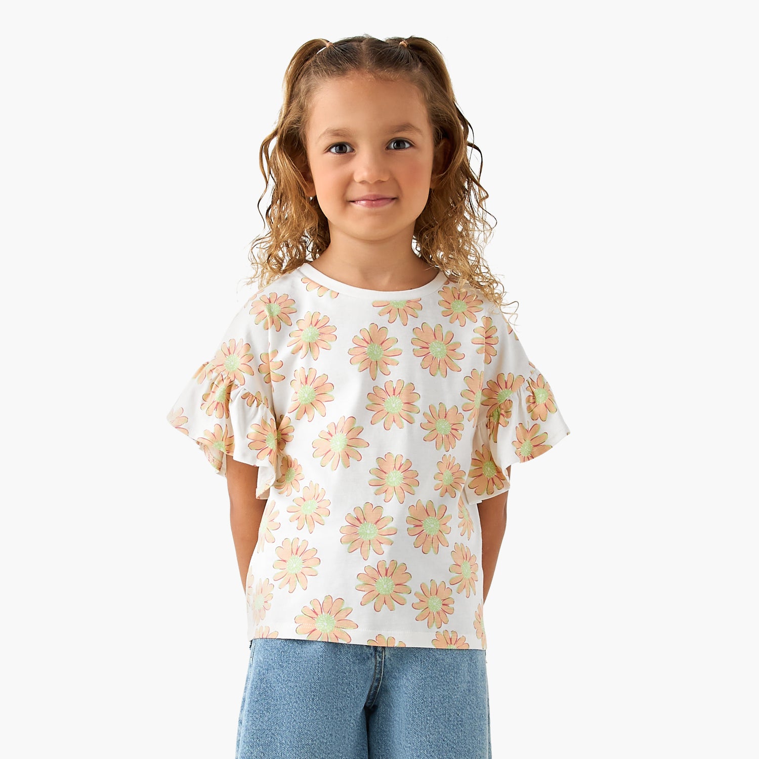 Juniors Crew Neck Short Sleeves T-shirt with Floral Print - White / 1-2 yrs