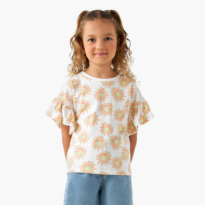 Juniors Crew Neck Short Sleeves T-shirt with Floral Print - White / 1-2 yrs