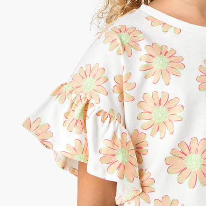 Juniors Crew Neck Short Sleeves T-shirt with Floral Print