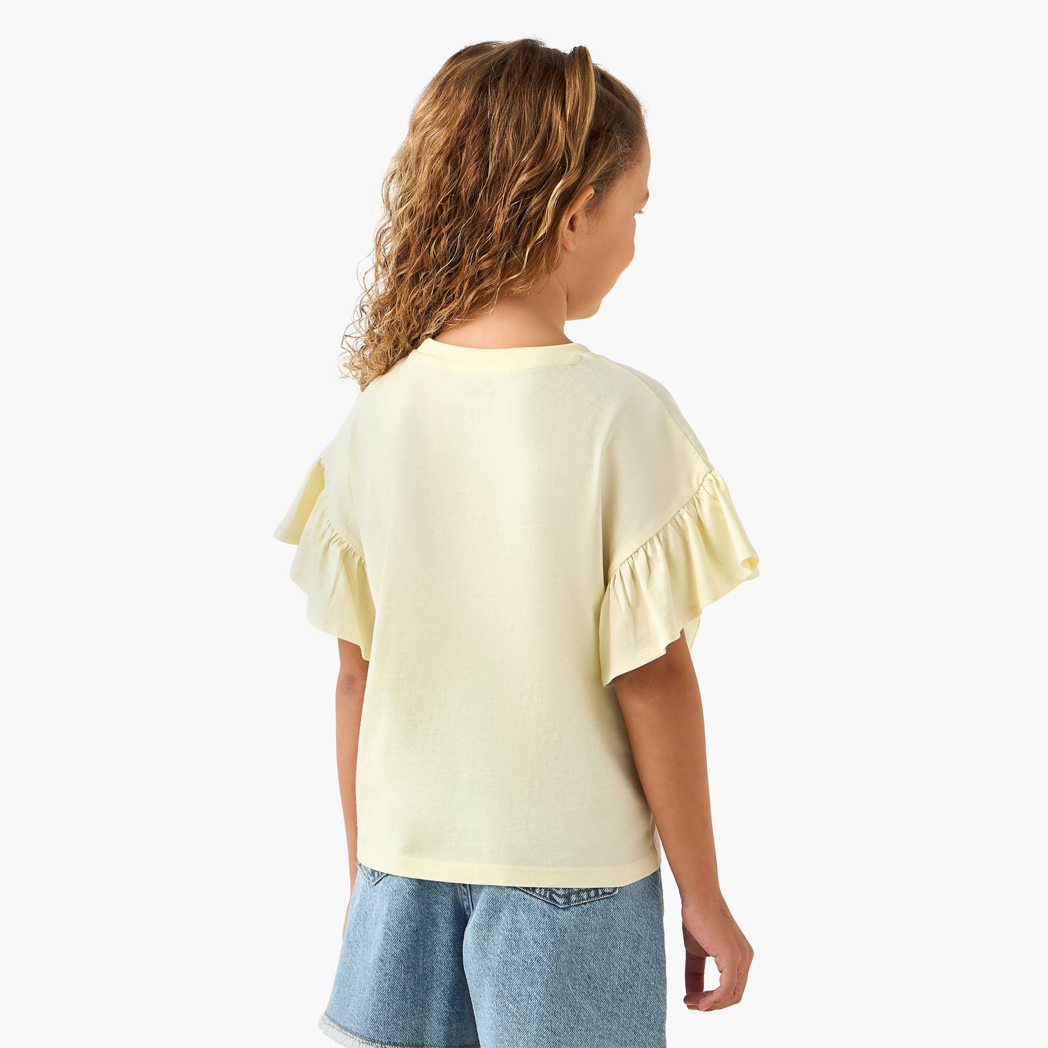 Juniors Crew Neck Short Ruffle Sleeves T-shirt with Cat Graphic Print