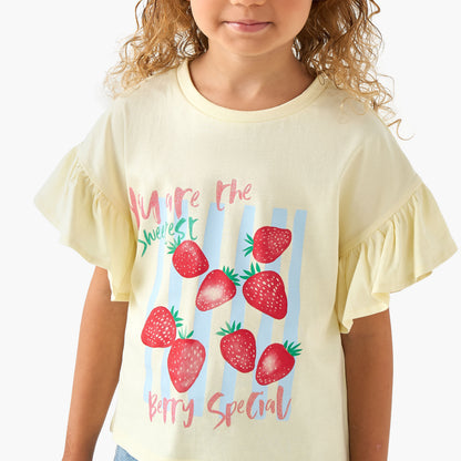 Juniors Crew Neck Short Ruffle Sleeves T-shirt with Cat Graphic Print