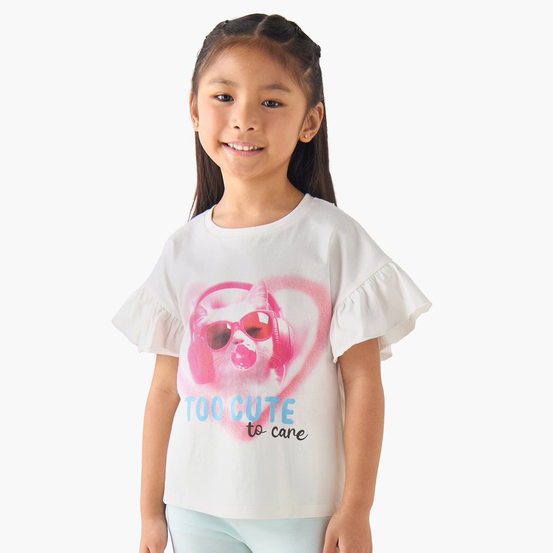 Juniors Crew Neck Short Ruffle Sleeves T-shirt with Cat Graphic Print - Yellow / 1-2 yrs