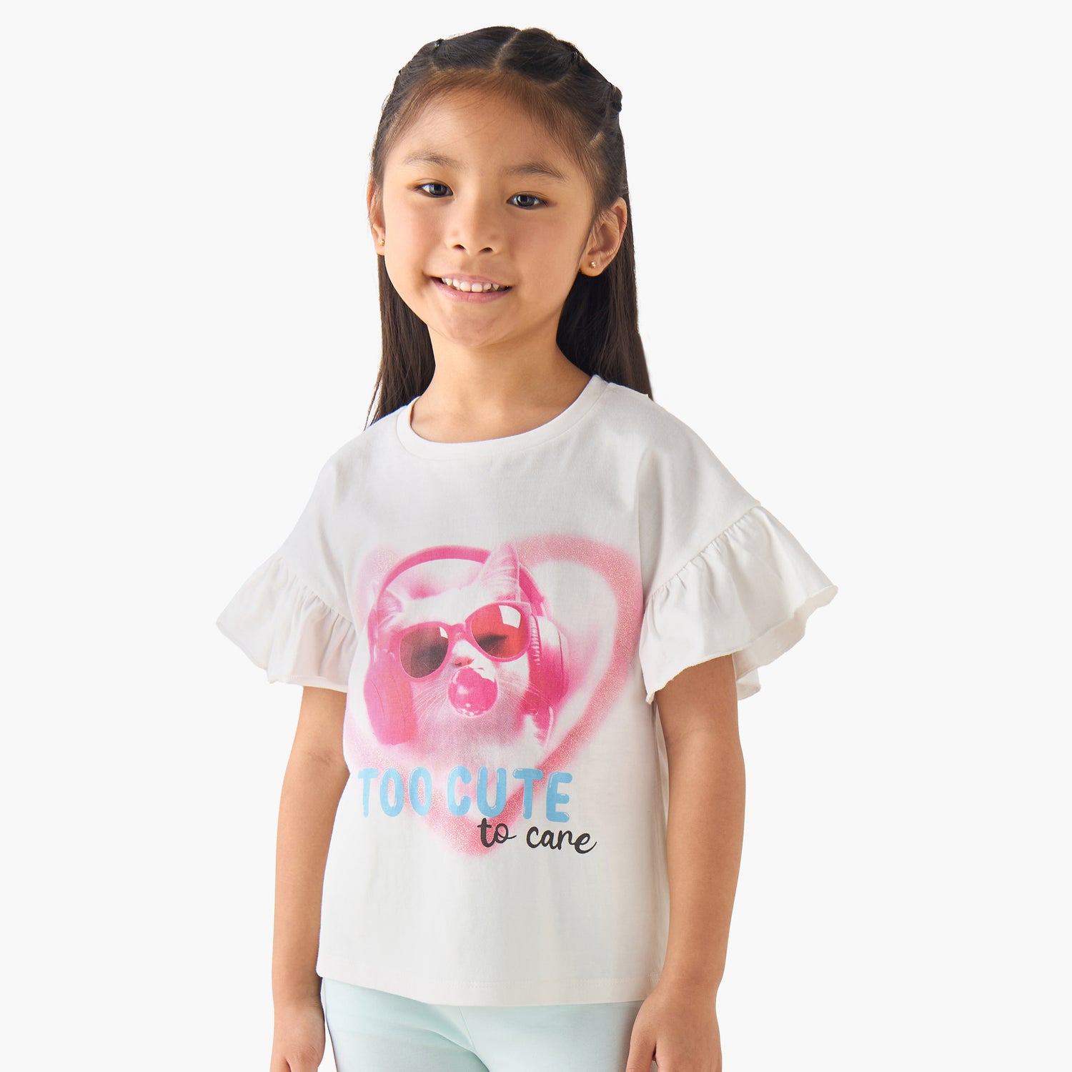 Juniors Crew Neck Short Ruffle Sleeves T-shirt with Cat Graphic Print - Yellow / 1-2 yrs