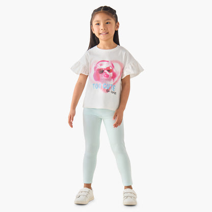 Juniors Crew Neck Short Ruffle Sleeves T-shirt with Cat Graphic Print