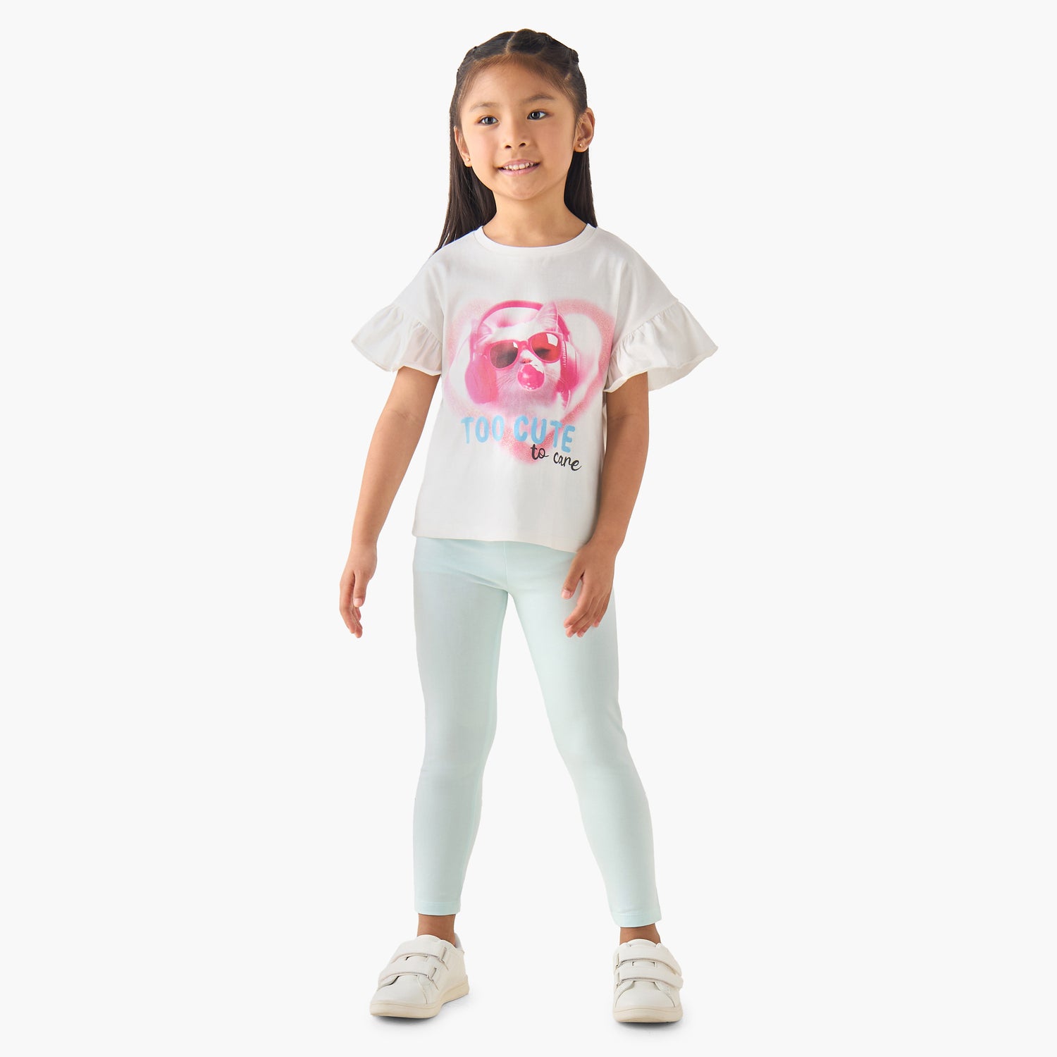 Juniors Crew Neck Short Ruffle Sleeves T-shirt with Cat Graphic Print