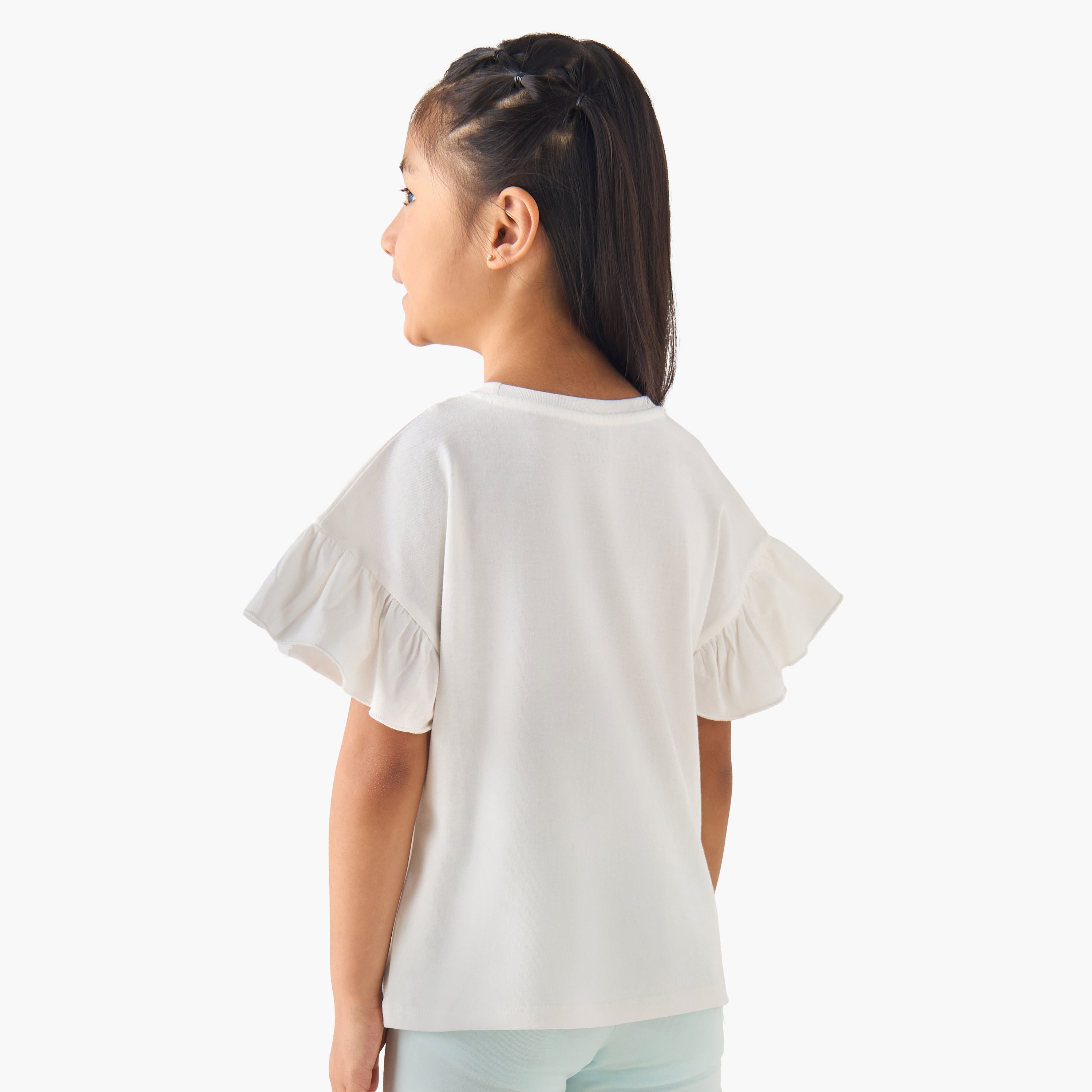 Juniors Crew Neck Short Ruffle Sleeves T-shirt with Cat Graphic Print