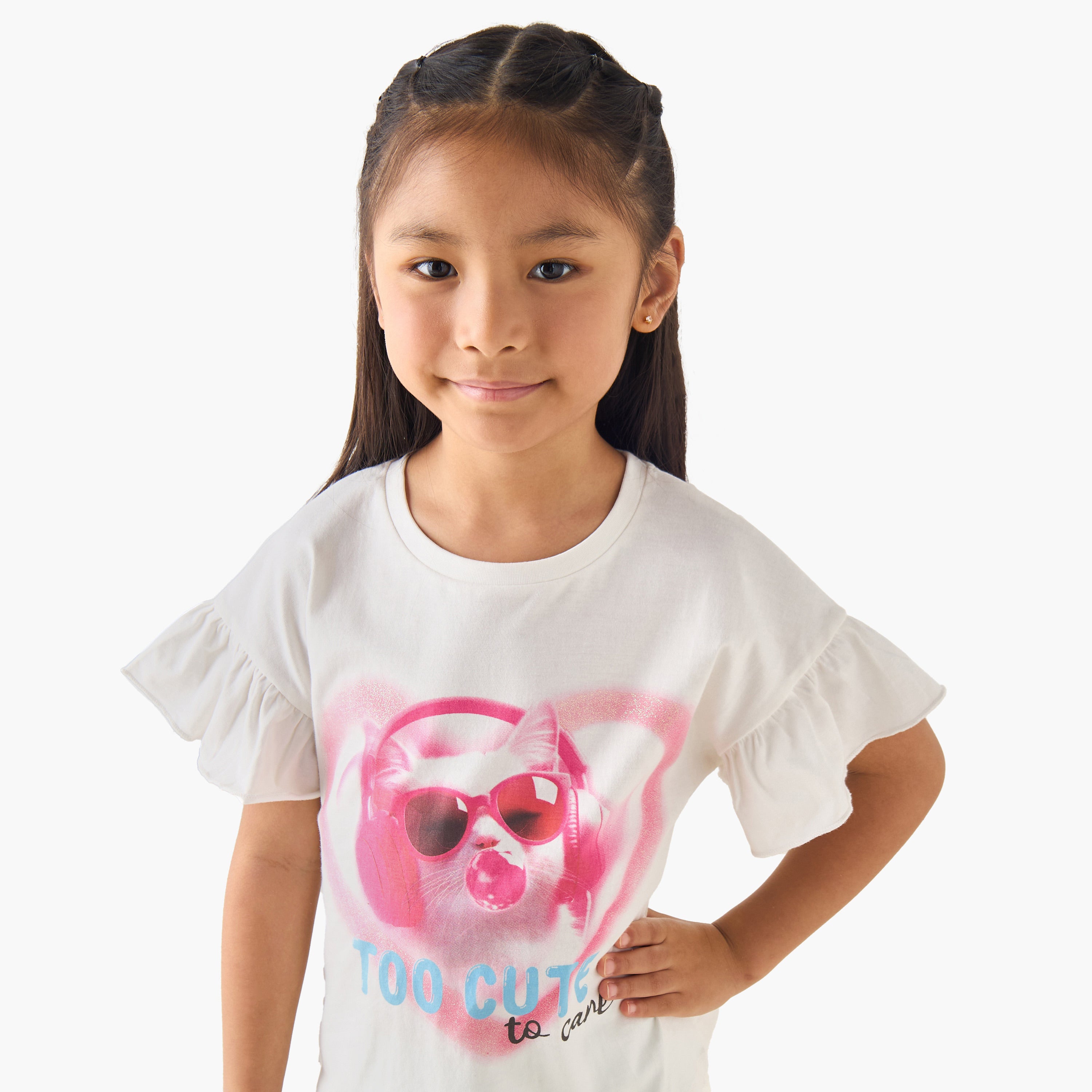 Juniors Crew Neck Short Ruffle Sleeves T-shirt with Cat Graphic Print