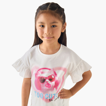 Juniors Crew Neck Short Ruffle Sleeves T-shirt with Cat Graphic Print
