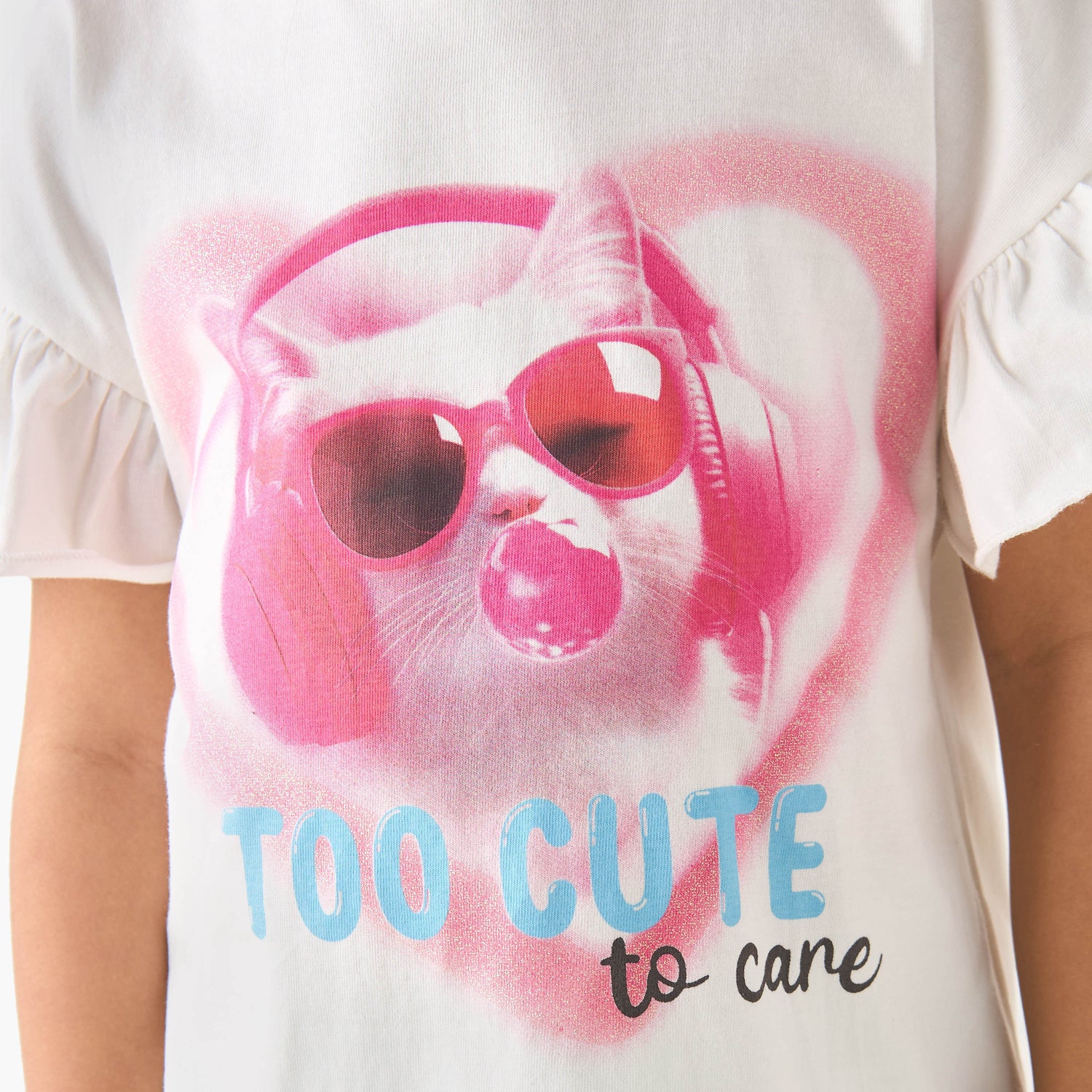 Juniors Crew Neck Short Ruffle Sleeves T-shirt with Cat Graphic Print