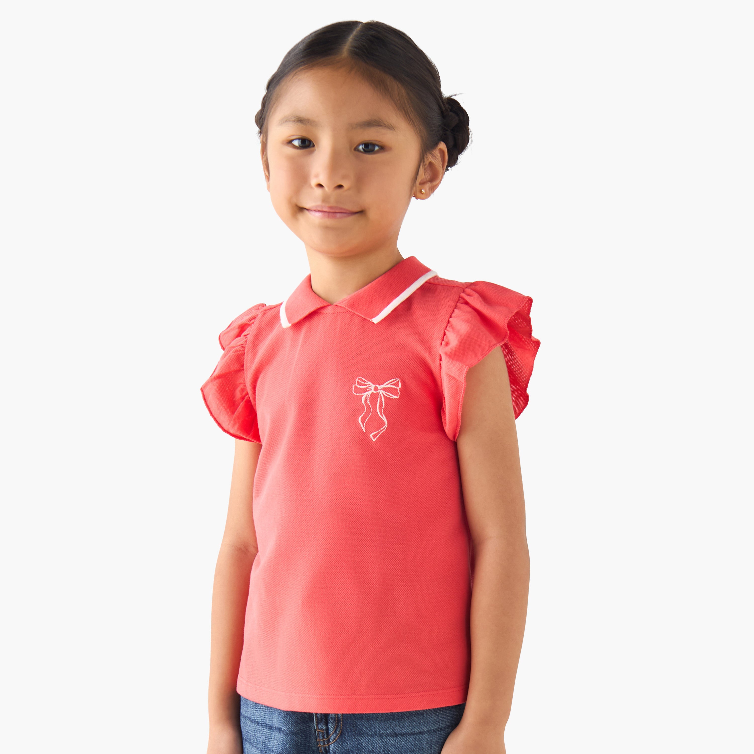Juniors Collared Ruffle Cap Sleeves Polo T-shirt with Bow Print - Green / 1-2 yrs