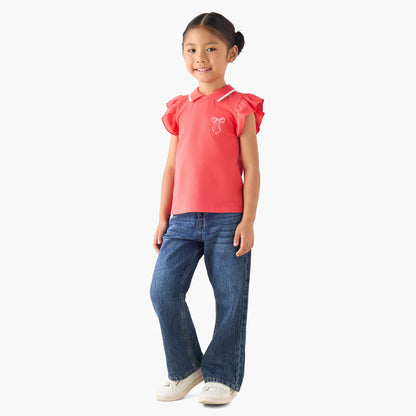 Juniors Collared Ruffle Cap Sleeves Polo T-shirt with Bow Print