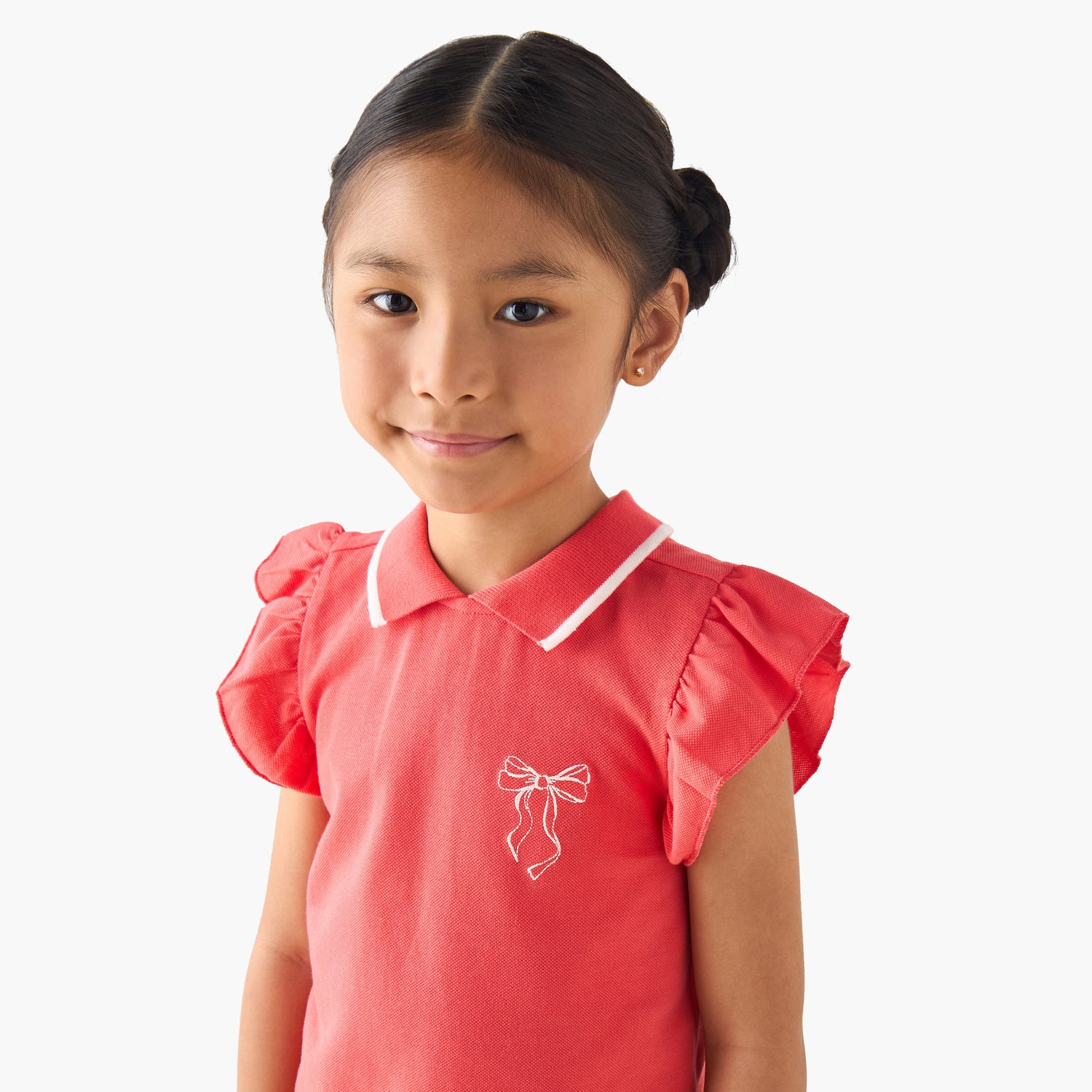 Juniors Collared Ruffle Cap Sleeves Polo T-shirt with Bow Print