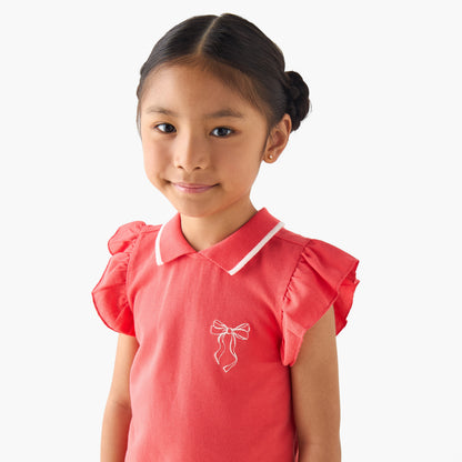 Juniors Collared Ruffle Cap Sleeves Polo T-shirt with Bow Print