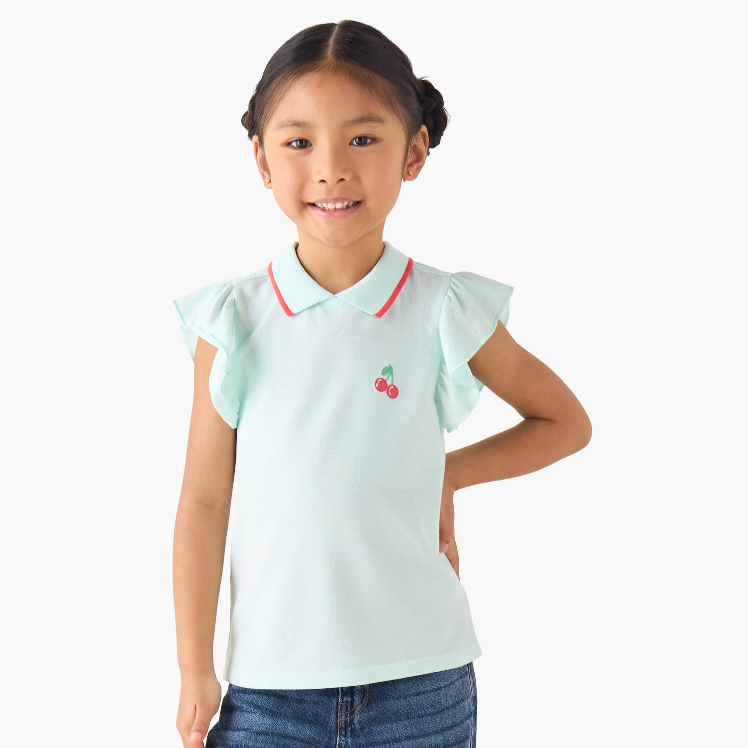 Juniors Collared Ruffle Cap Sleeves Polo T-shirt with Bow Print
