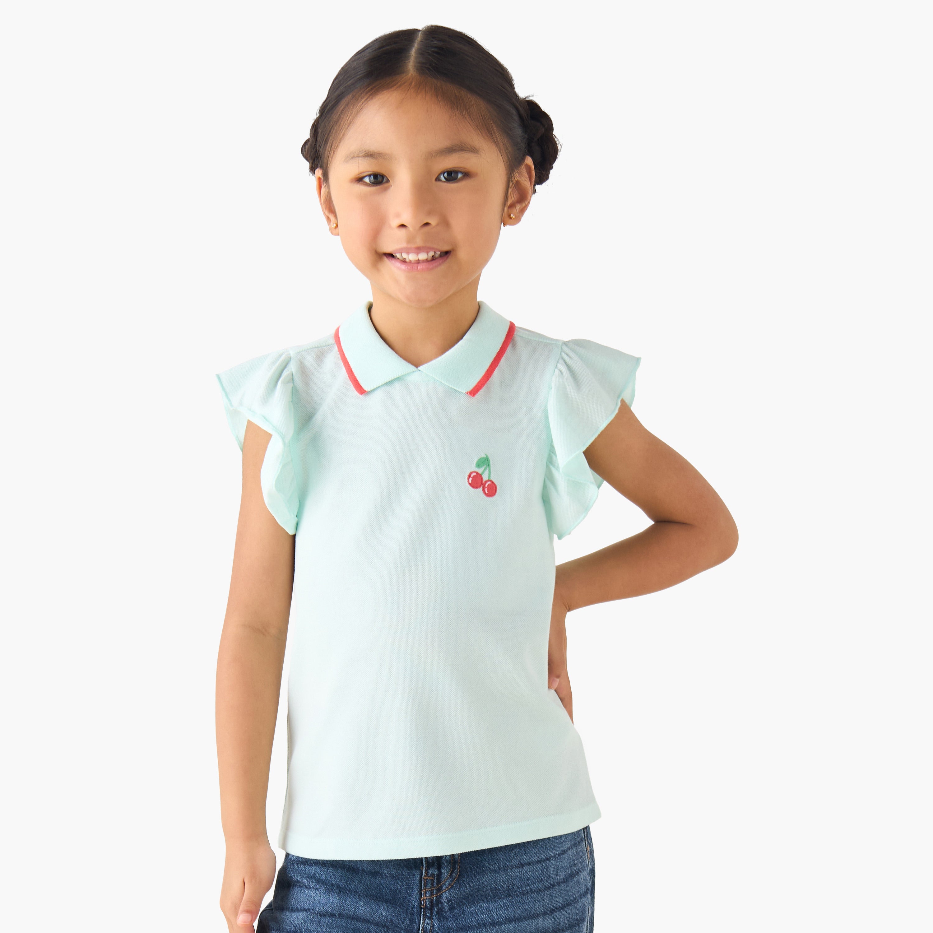 Juniors Collared Ruffle Cap Sleeves Polo T-shirt with Bow Print