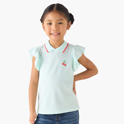 Juniors Collared Ruffle Cap Sleeves Polo T-shirt with Bow Print