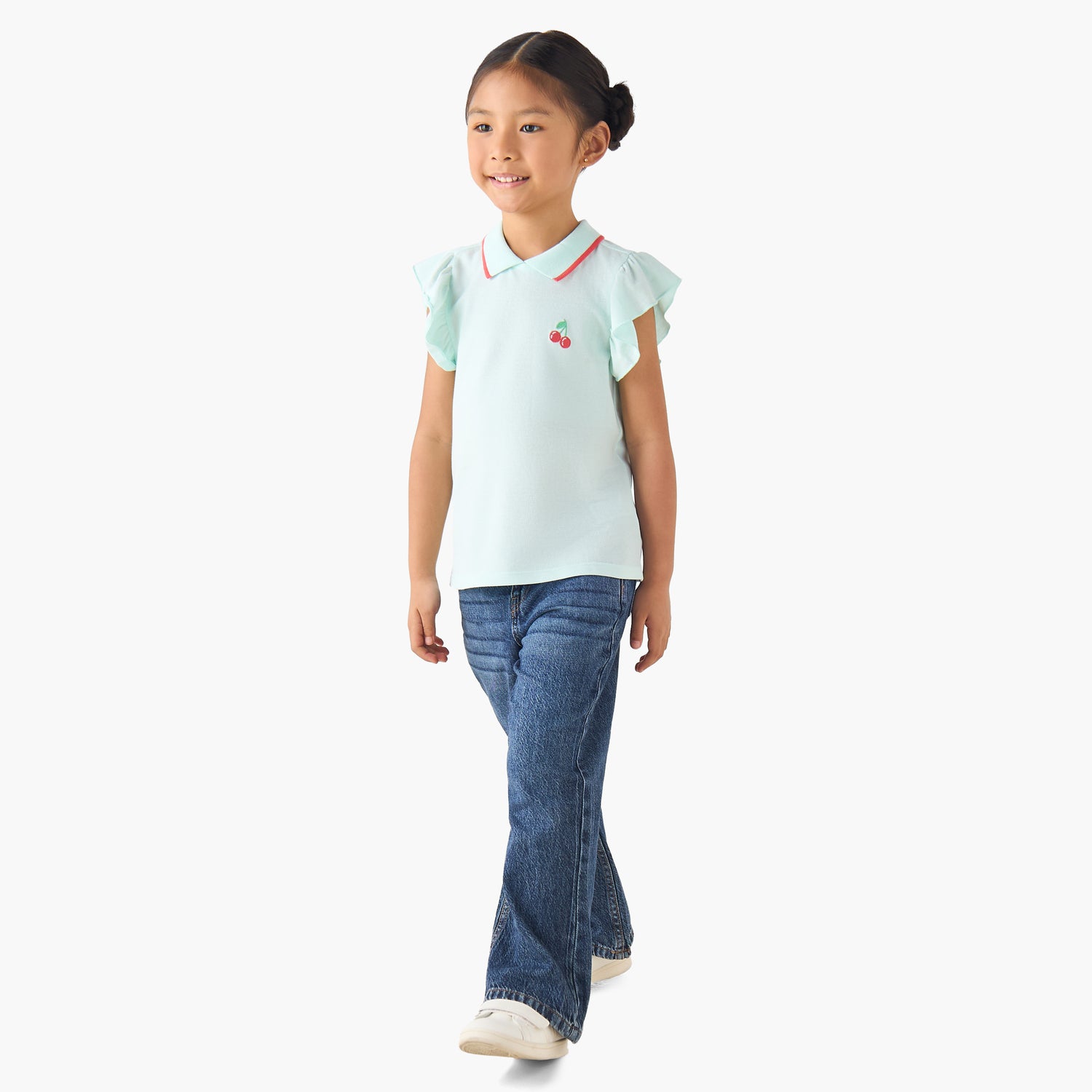 Juniors Collared Ruffle Cap Sleeves Polo T-shirt with Bow Print