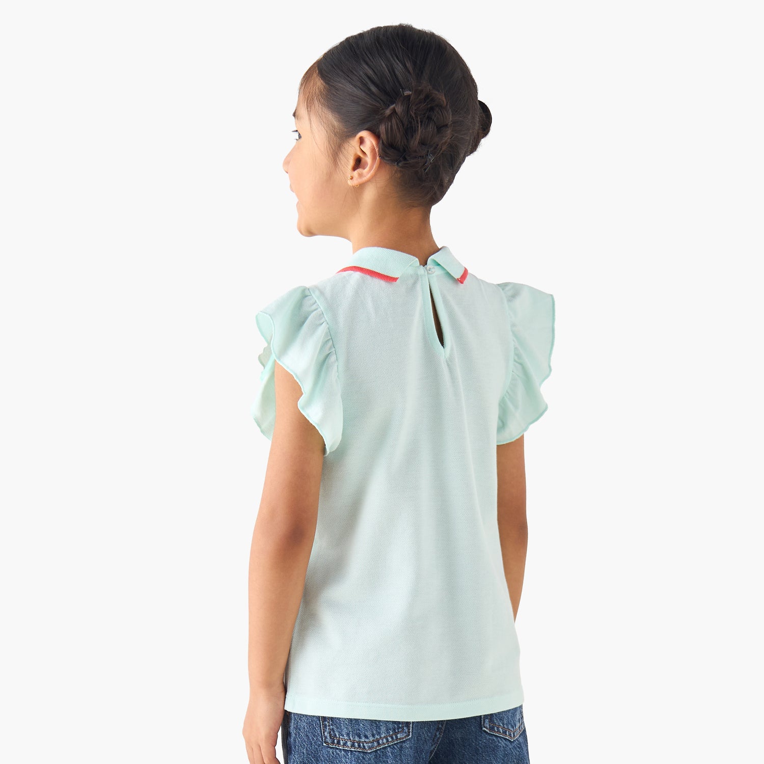 Juniors Collared Ruffle Cap Sleeves Polo T-shirt with Bow Print