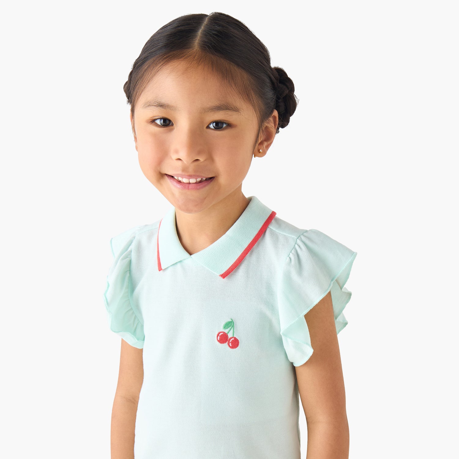 Juniors Collared Ruffle Cap Sleeves Polo T-shirt with Bow Print
