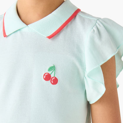 Juniors Collared Ruffle Cap Sleeves Polo T-shirt with Bow Print