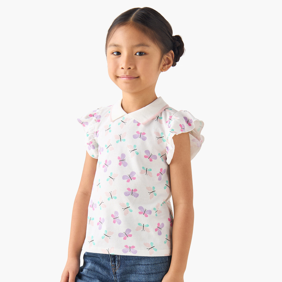 Juniors Collared Ruffle Cap Sleeves Polo T-shirt with Bow Print