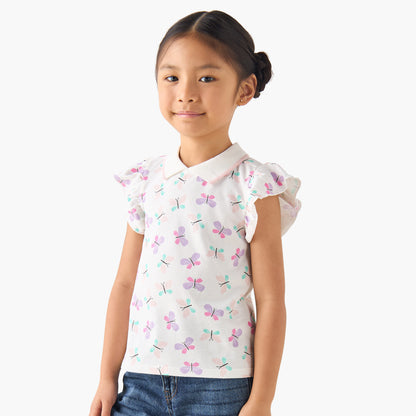 Juniors Collared Ruffle Cap Sleeves Polo T-shirt with Bow Print