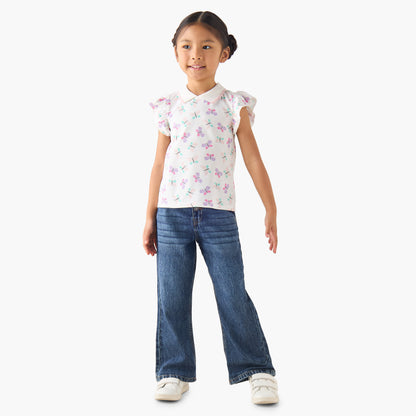 Juniors Collared Ruffle Cap Sleeves Polo T-shirt with Bow Print