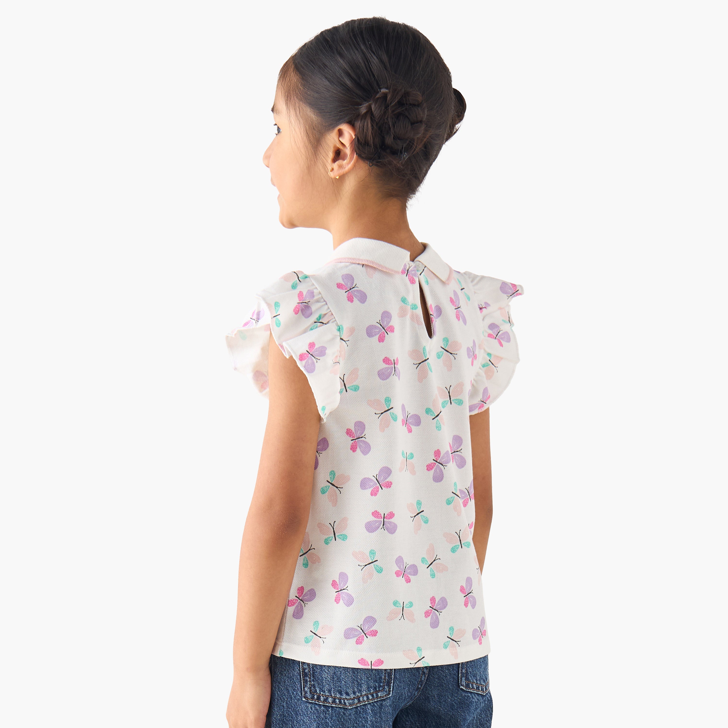 Juniors Collared Ruffle Cap Sleeves Polo T-shirt with Bow Print