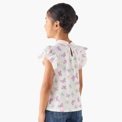 Juniors Collared Ruffle Cap Sleeves Polo T-shirt with Bow Print