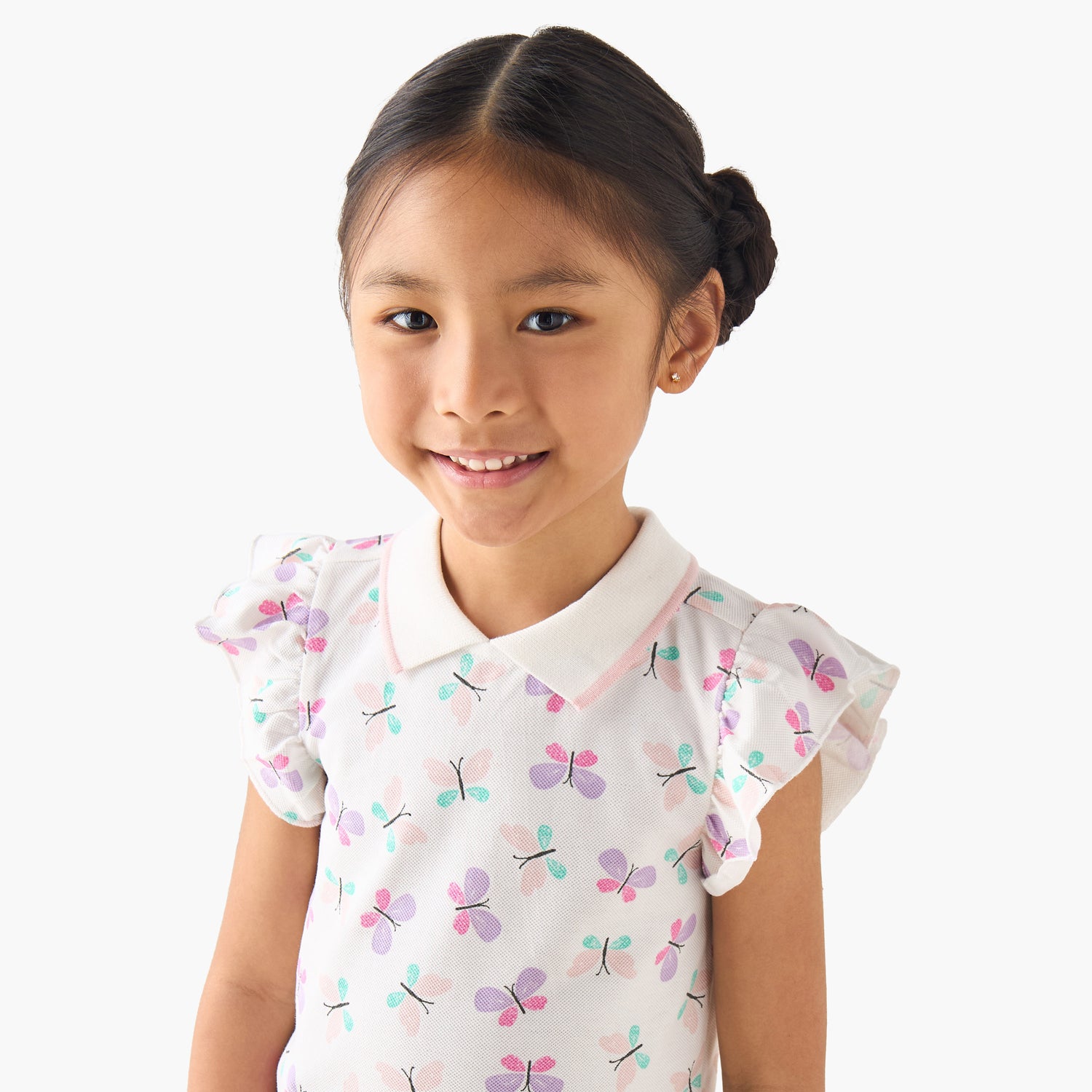 Juniors Collared Ruffle Cap Sleeves Polo T-shirt with Bow Print