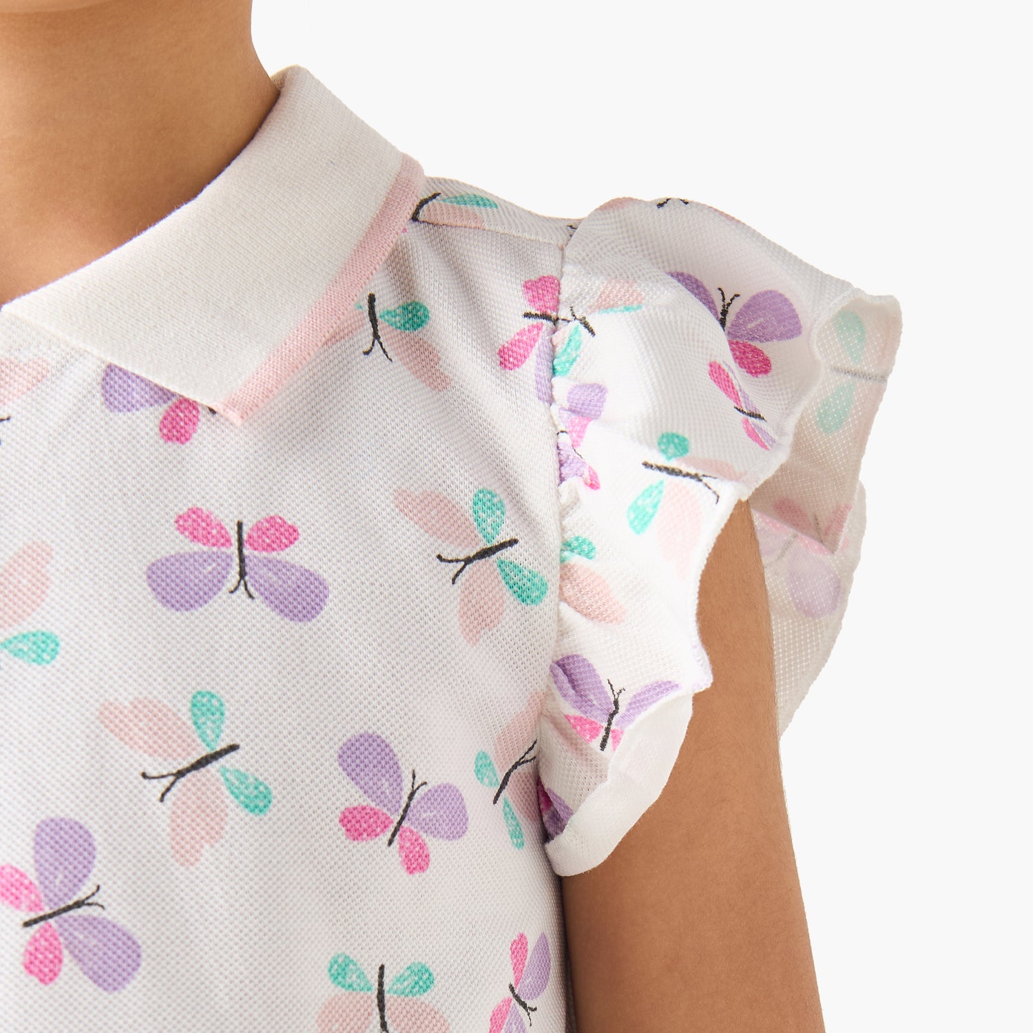 Juniors Collared Ruffle Cap Sleeves Polo T-shirt with Bow Print