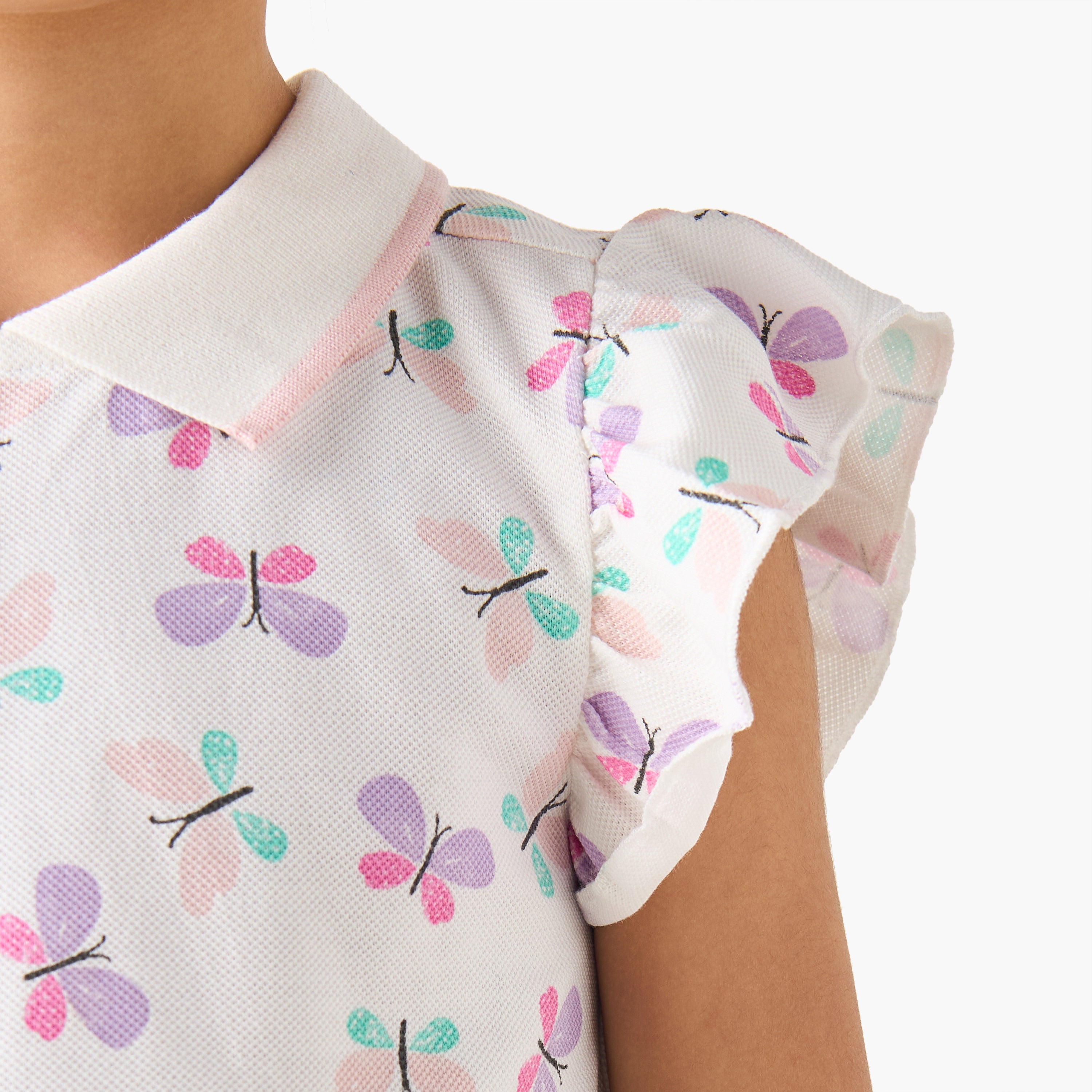 Juniors Collared Ruffle Cap Sleeves Polo T-shirt with Bow Print