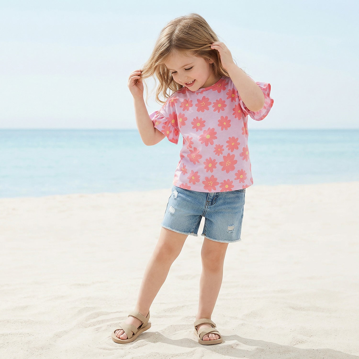 Juniors Crew Neck Short Ruffle Sleeves T-shirt with Floral Print - Purple / 1-2 yrs