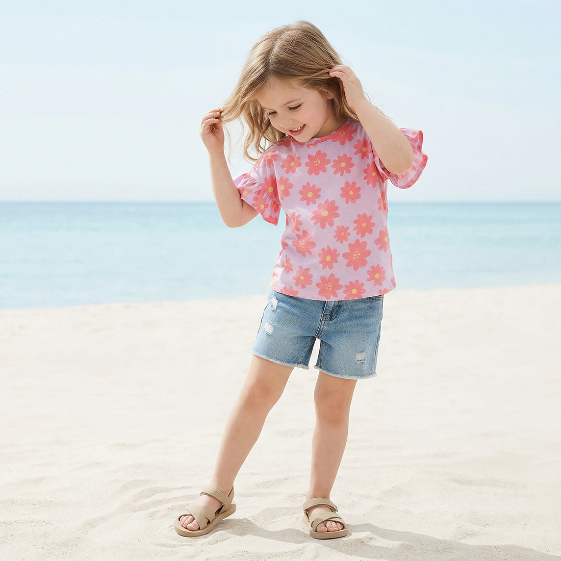 Juniors Crew Neck Short Ruffle Sleeves T-shirt with Floral Print