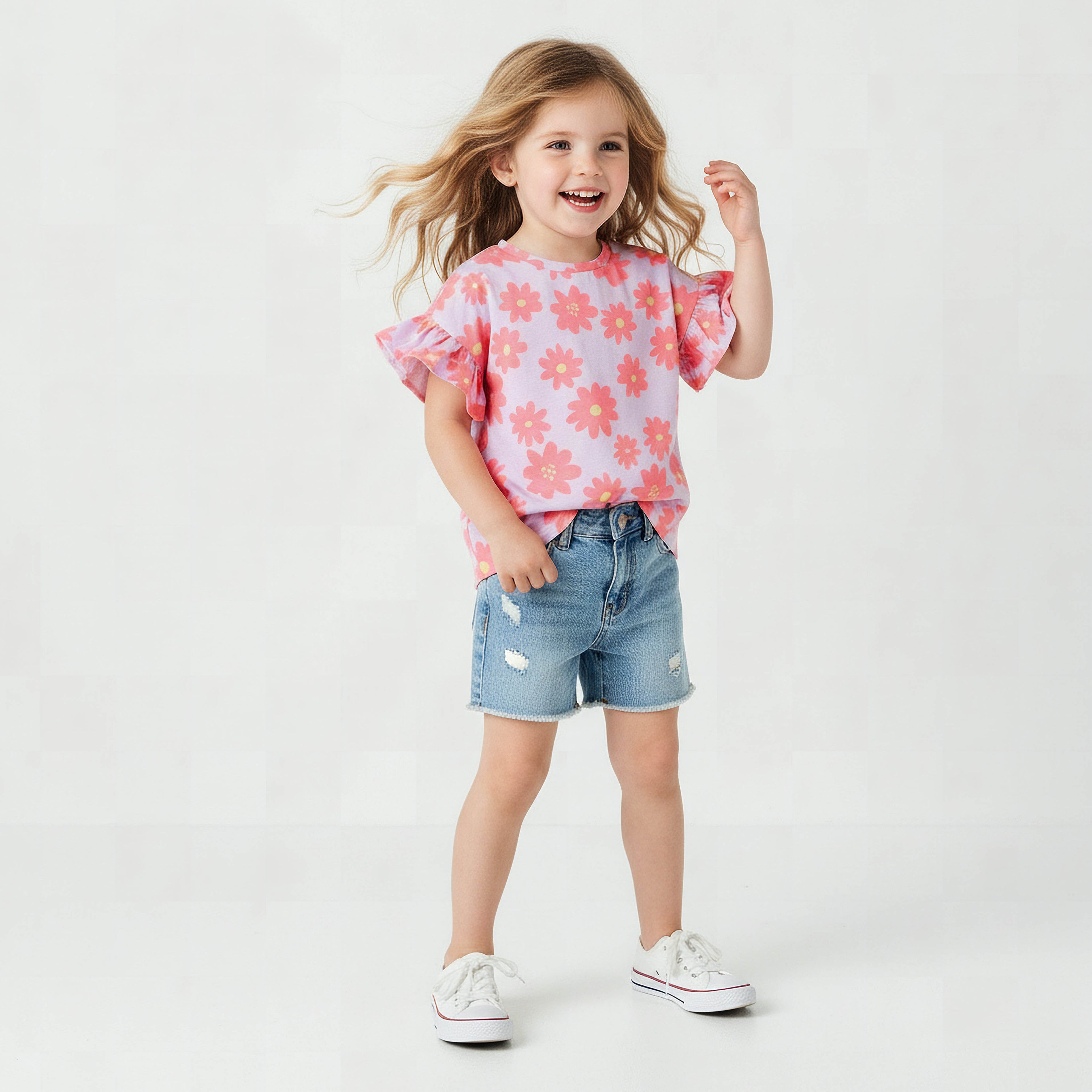 Juniors Crew Neck Short Ruffle Sleeves T-shirt with Floral Print
