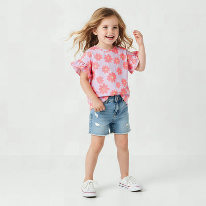 Juniors Crew Neck Short Ruffle Sleeves T-shirt with Floral Print