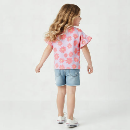 Juniors Crew Neck Short Ruffle Sleeves T-shirt with Floral Print