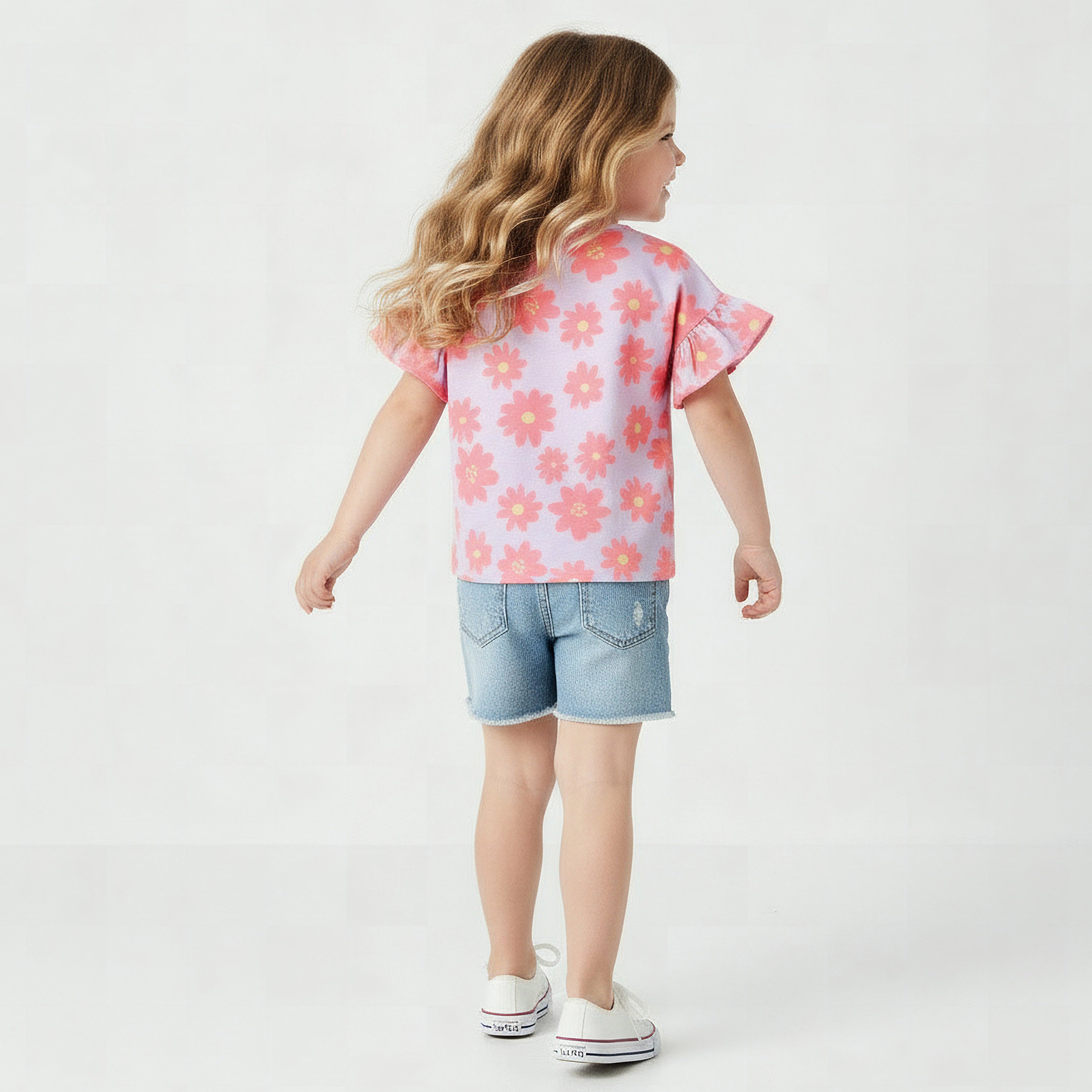 Juniors Crew Neck Short Ruffle Sleeves T-shirt with Floral Print