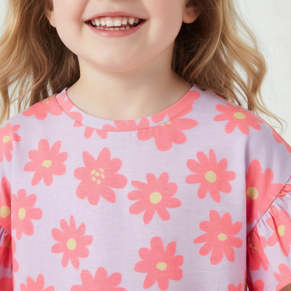 Juniors Crew Neck Short Ruffle Sleeves T-shirt with Floral Print
