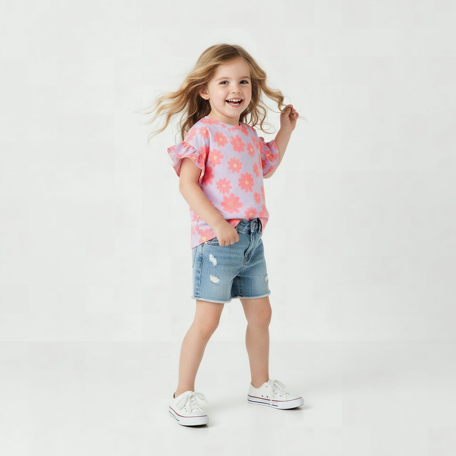 Juniors Crew Neck Short Ruffle Sleeves T-shirt with Floral Print