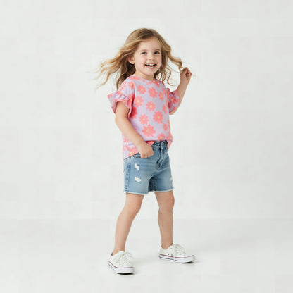Juniors Crew Neck Short Ruffle Sleeves T-shirt with Floral Print