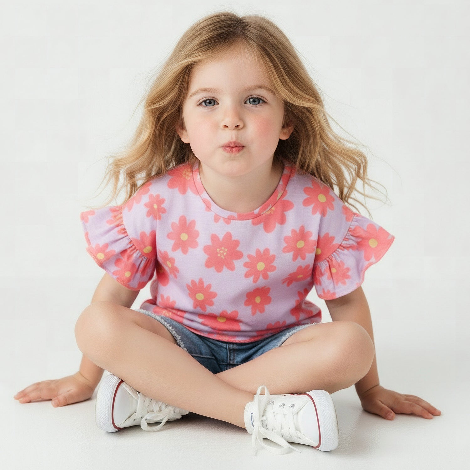Juniors Crew Neck Short Ruffle Sleeves T-shirt with Floral Print