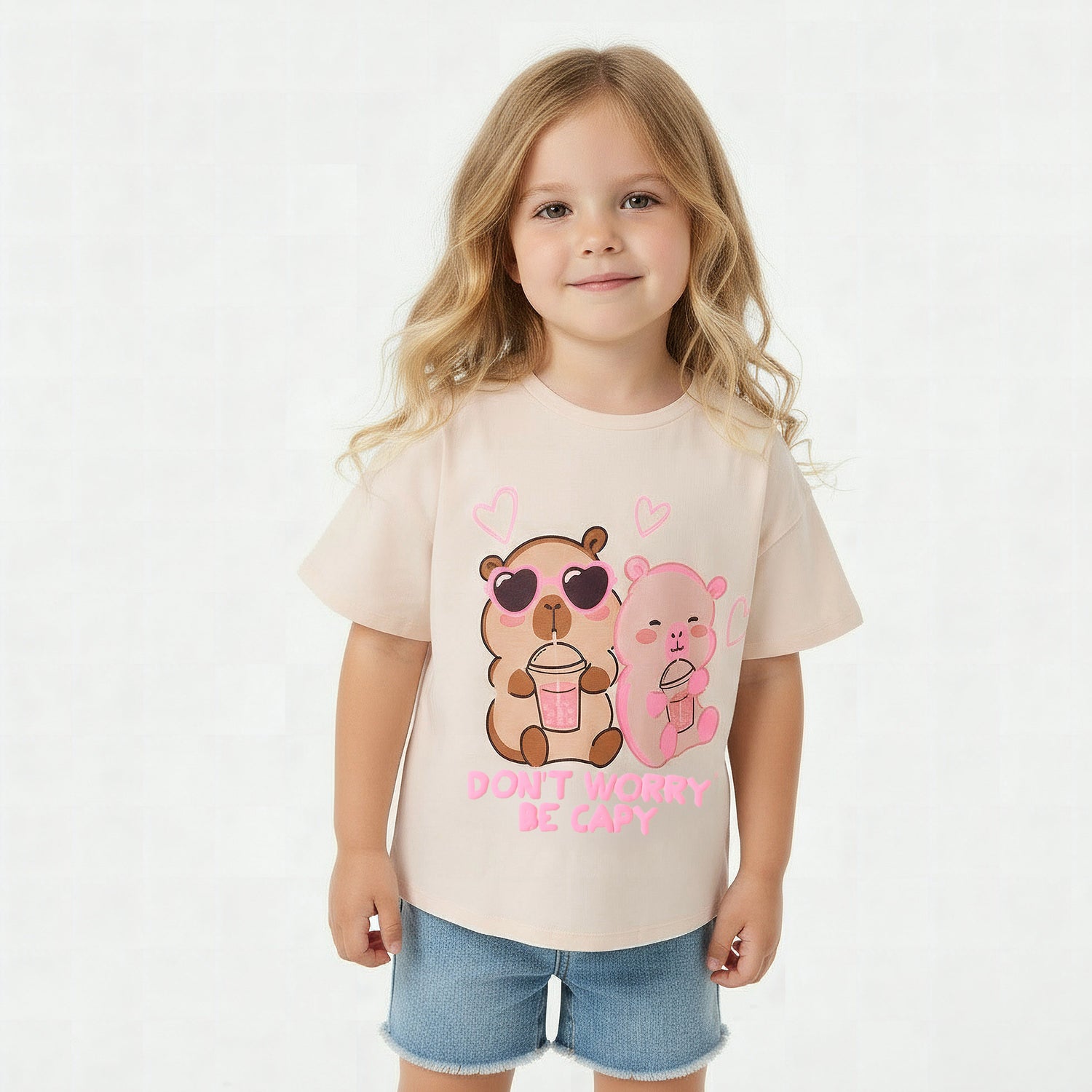 Juniors Round Neck Short Sleeves T-shirt with Bear Print - Pink / 1-2 yrs